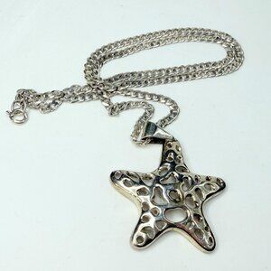 Vintage Sterling Silver Pierced Starfish Pendant Necklace Mid Century JR1286